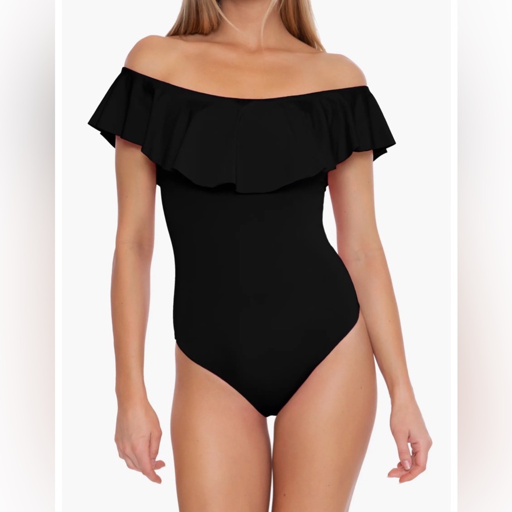 Trina Turk Monaco Off the Shoulder Ruffle One-Piece Swimsuit, Black Size 10, NWT